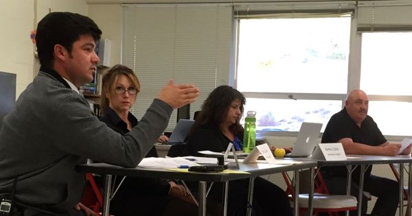 Whittell High School Principal Crespin Esquivel, from left, makes a points Jan. 12 while ZCES Principal Nancy Cauley, DCSD employee Rommy Cronin, and school board member Ross Chichester listen