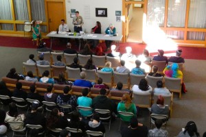 Nearly 100 people listen Fe.b 25 at LTCC about the plight of adjunct faculty. Photo/LTn