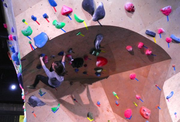 Brandy Mane tests her agility at the climbing gym inside Whitney Peak hotel. Photos/Kathryn Reed