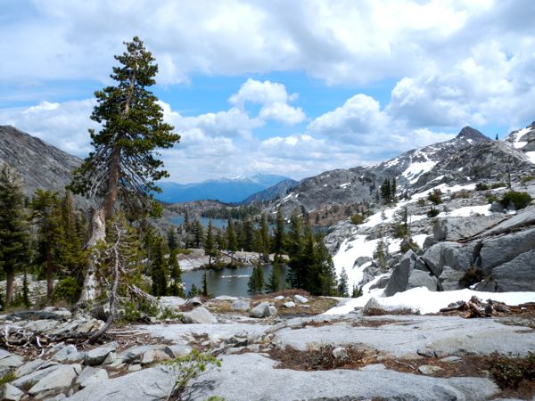 Just below Lake Aloha are flat "lunch" rocks that overlook Heather Lake.