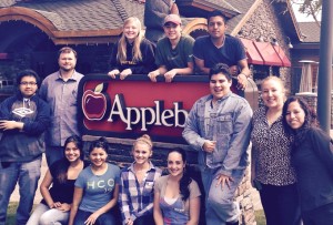 from left to right top row: Ryan Rozano, William Davenport (teacher), Rebekah Miller, Trenton Gifford, Antony Lopez, Miguel Ruano, Danielle Gifford (Applebee's Manager), Sarahi (Applebees staff). Left to right bottom row: Jocelyn Lopez, Jennifer Corado Sifontes, Emily Griffin, and Carina Giardina. Photo/Provided