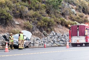 A car is damaged after crashing July 21 near Cave Rock. Photo/Carolyn E. Wright