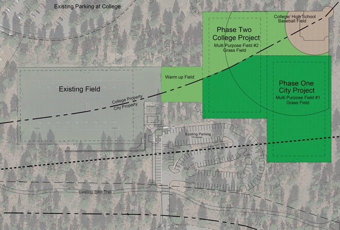 The proposed fields are in green and brown. The existing community field is to the left in grey. Rendering/Design Workshop