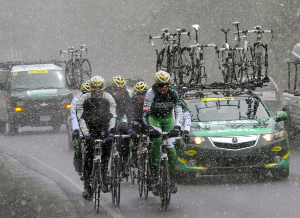 After the Tahoe stage of the Amgen bike tour was cancelled due to weather Sunday May 15, 2011 members of Team Kelly Benefits Strategies-Optumheal Th (U.S.A.) took a ride in near white-out conditions near Cave Rock. 