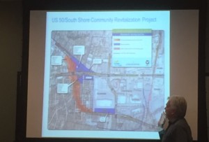 TTD Executive Director Carl Hasty explains how the portion in red is land that needs to be acquired, while the blue are would be repurposed if the loop road goes through. Photo/LTN
