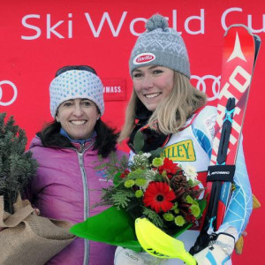 Tamara McKinney came to the race and cheered on Shiffrin from the finish. She posed with Shiffrin on the podium after the race. (USSA-Tom Kelly)