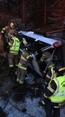 Lake Valley, CalFire and South Lake Tahoe crews help at the Dec. 6 accident in Meyers. Photo/Provided