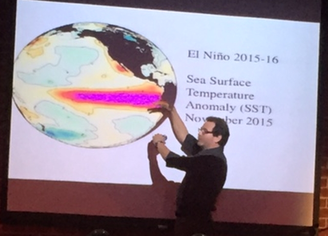 Sasha Gershunov points to the pink are that is El Niño. Photo/Kathryn Reed
