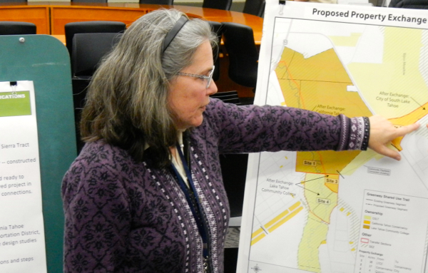 Sue Rae Irelan with the California Tahoe Conservancy talks about the next phase of the Greenway trail. Photo/Kathryn Reed
