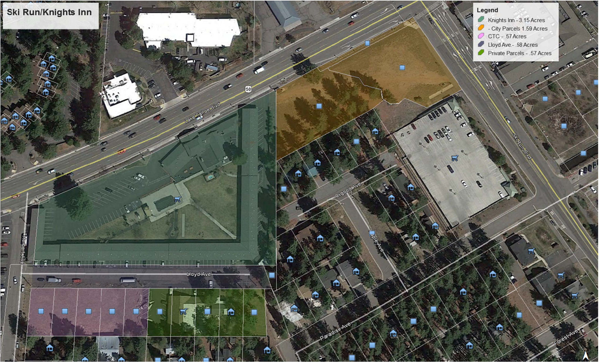The area in green represents the area South Lake Tahoe wants to acquire, while the gold are is the "southwest corner" property at Ski Run and Highway 50. Map/South Lake Tahoe