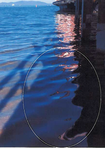 Oil sheen on Lake Tahoe near the Tahoe Queen in March 2015. Photo/Provided