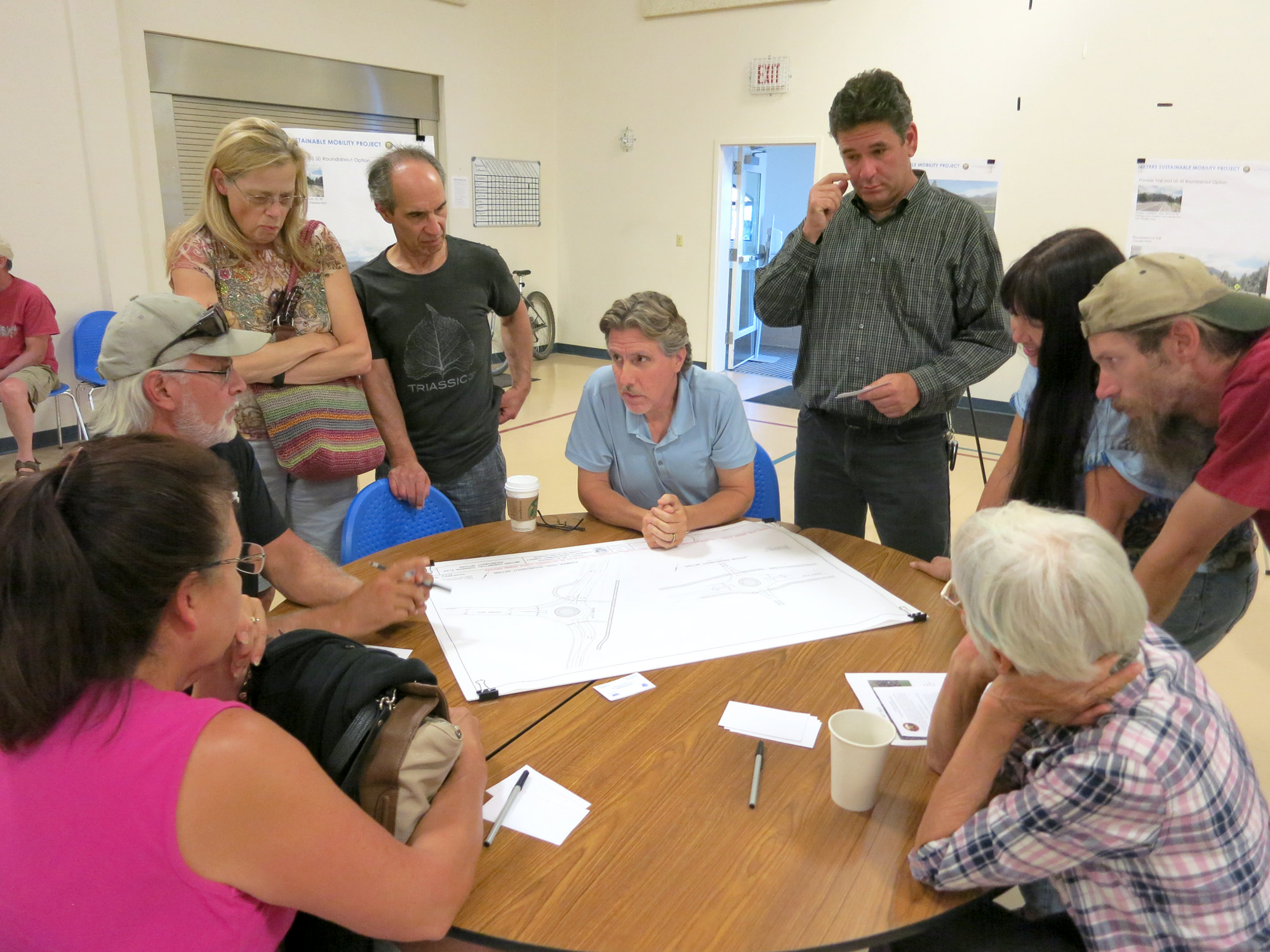 erry Champa, traffic safety liaison & engineer for Caltrans discusses the possible Pioneer Trail roundabout with Meyers residents at the meeting. Photo/ Jessie Marchesseau