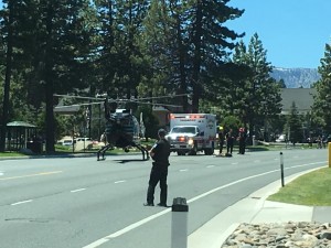 CalStar lands on Highway 50 in south Lake Tahoe on July 24 to airlift a young girl to Renown Medical Center after she was injured by a boat prop. Photo/Provided