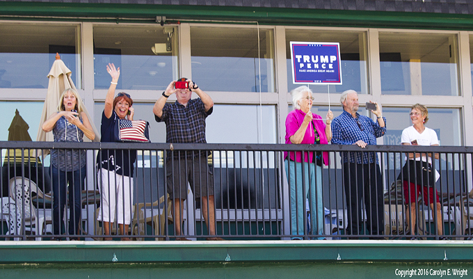 Pat Engels of South Lake Tahoe shows holds a Trump-Pence sign. Photo Copyright 2016 Carolyn E. Wright