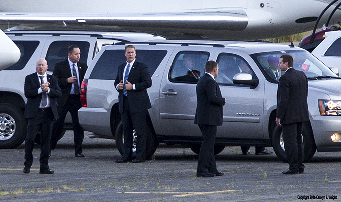 Donald Trump, sitting in the rear, is whisked from Lake Tahoe Airport on Aug. 26 to Stateline. Photo Copyright 2016 Carolyn E. Wright