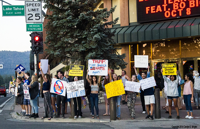Outside of Harrah's Lake Tahoe, where Donald Trump was to attend a fund-raising event Aug. 26, protesters made their opinions known. Photo Copyright 2016 Carolyn E. Wright