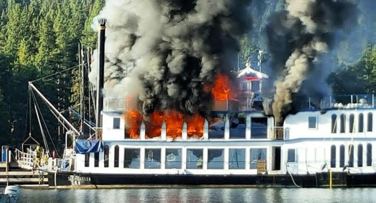 The Tahoe Queen is engulfed in flames the morning of Aug. 16.