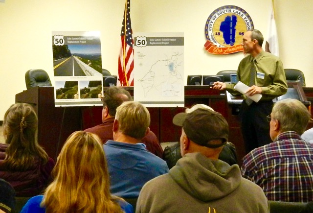 Clark Peri, Caltrans project manager, talks Oct. 20 about the Echo Summit bridge project. Photo/LTN