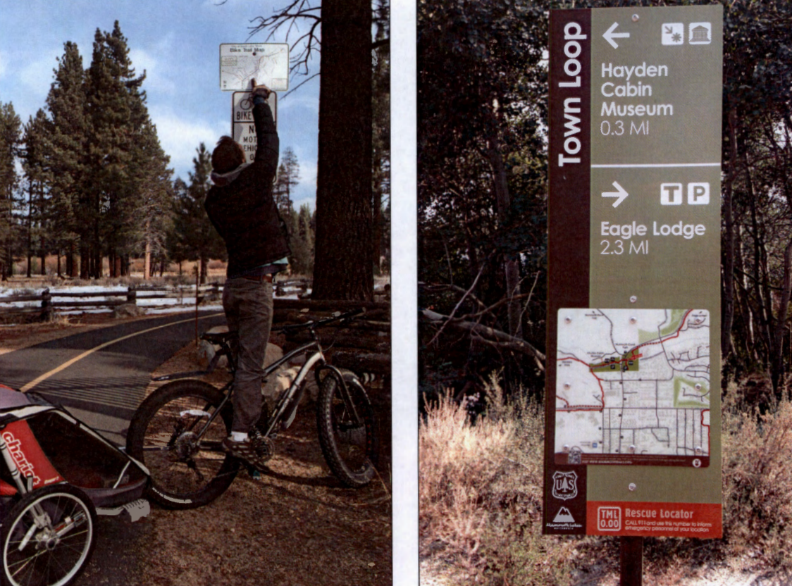 Scott Valentine, left, tries to read a bike route sign in South Lake Tahoe. At right is signage in Mammoth. Photos/Provided