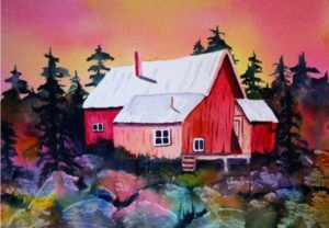 Eva Stramer Nichols’ watercolor “Sunset at the Cabin.”