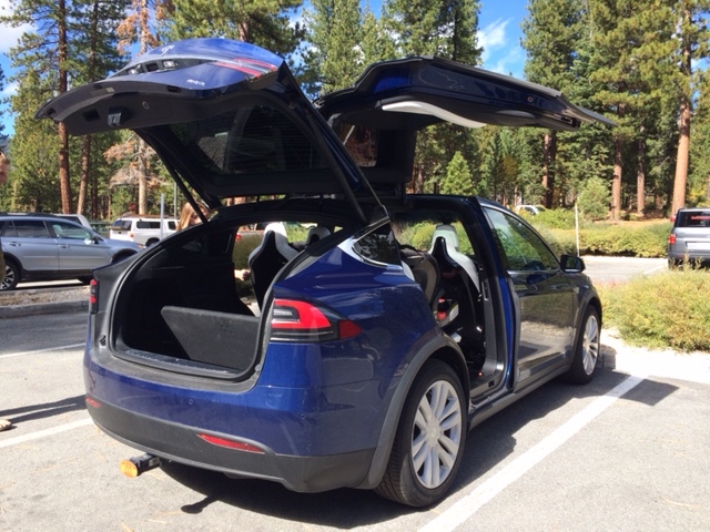 Tesla Model X. It is all wheel drive, has a 100kWh battery providing 289 miles of range, seating for 7, and "fast" (zero to 60 mph in 2.9 seconds). Photo/Carole Bernardi