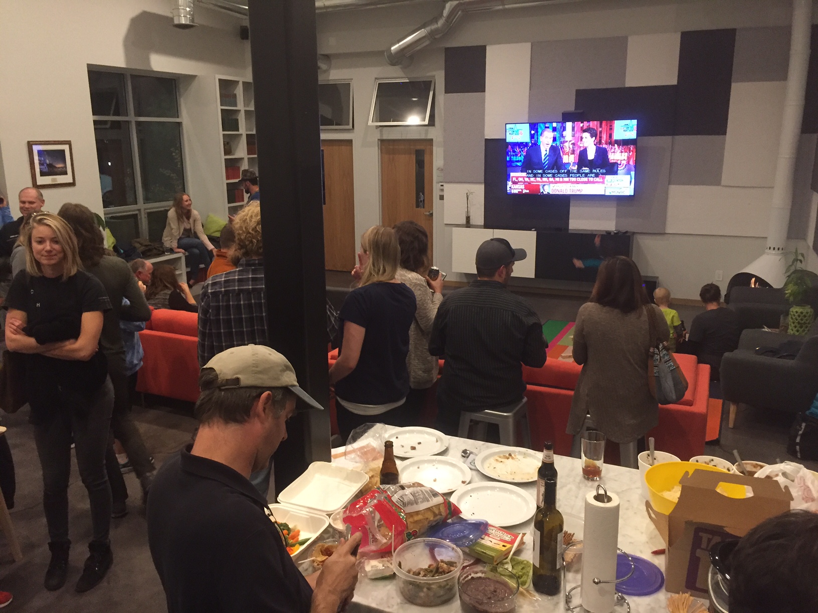 More than 50 people celebrate election night at the Tahoe Mountain Lab in South Lake Tahoe. Photo/Susan Wood