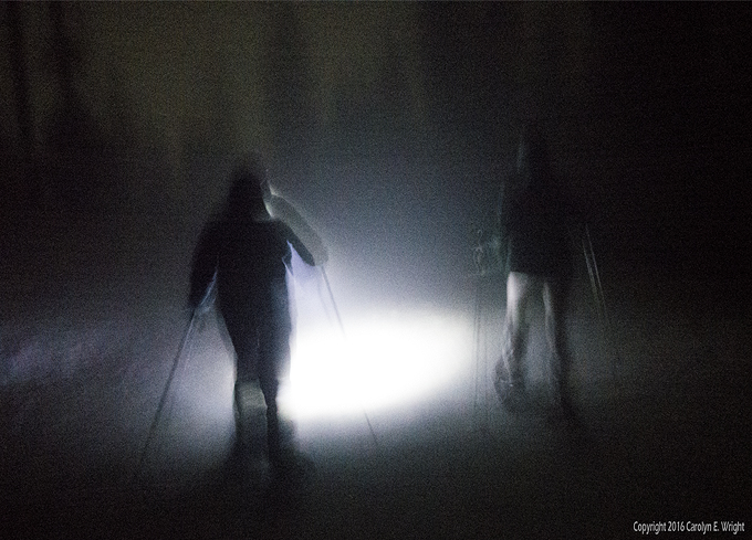 Snowshoers traipse through the dark woods of Northstar to learn about the stars. Photo Copyright 2016 Carolyn E. Wright