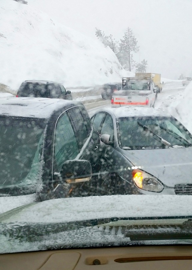 Two cars on Jan.  18 slide in a van on Echo Summit.  Photo/Julie Threewit