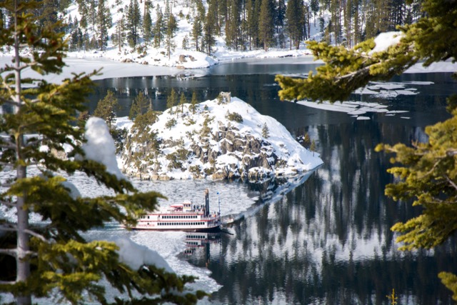 The M.S. Dixie makes it way around a partially frozen Emerald Bay. Photo/John Gomez
